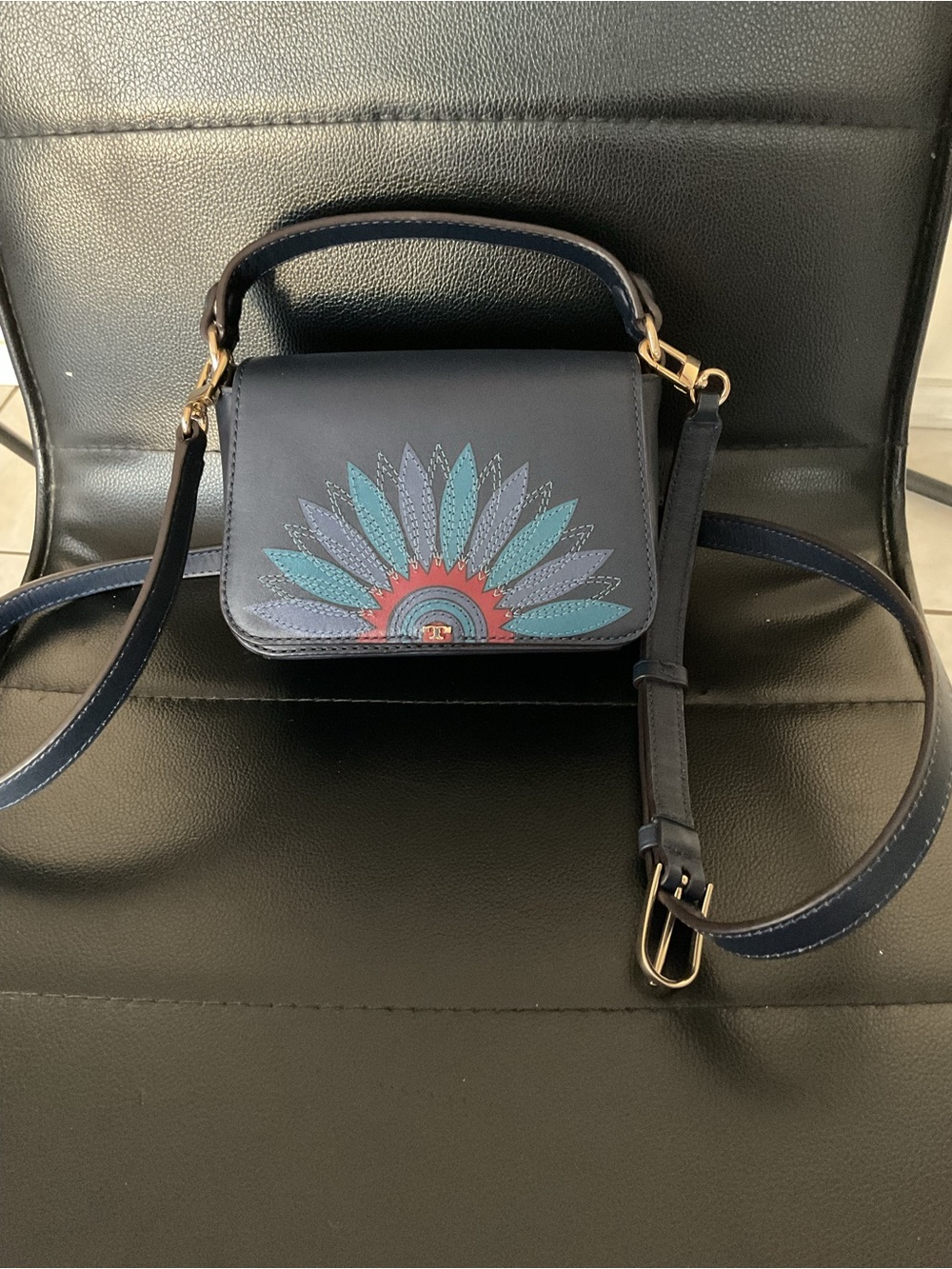 Tory Burch Navy Leather Crossbody with Teal & Coral Floral Motif